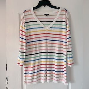 Talbots Sweater 3/4 Sleeve Knit V Neck Casual Striped White size large